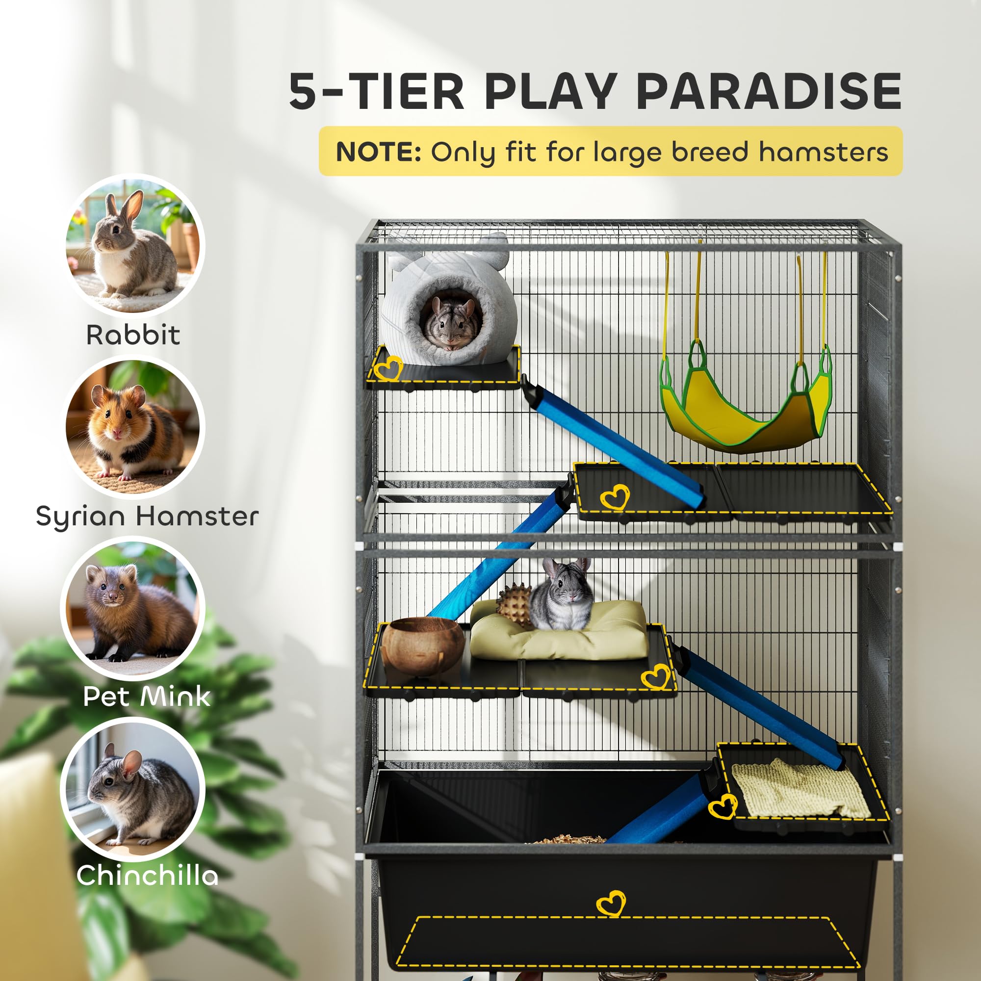 Pawhut 59' 5-Level Small Animal Cage, Rolling Ferret Chinchilla Cage With Slide Out 6.3' Deep Tray, Non-Slip Cloth Covered Ram